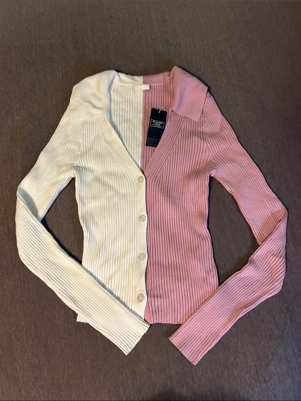 Abercrombie & Fitch Two-Tone Pink and White Ribbed Button-Up Cardigan - Picture 1 of 2